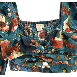 Teal Floral Twist Front Smocked Square Neck Crop Top Long Sleeve M Crop Vacay